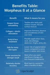 How Often Can I have Morpheus 8? 3 Table showing the benefits of Morpheus 8 treatment from Lipo Sculpt Rutland